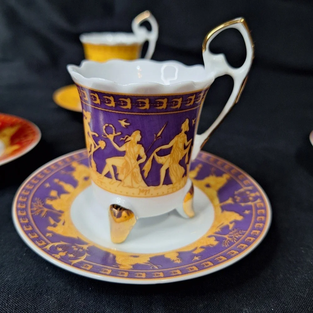 1940s Duca Di Bavaria Espresso Cup Saucer Set 4 Colors Greek Mythology Gold Trim
